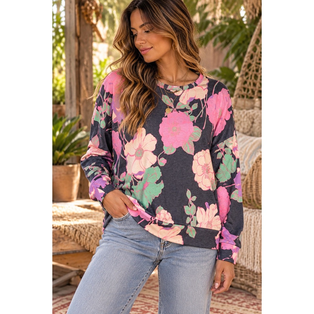 Blue Floral Pullover Top Multicolor Oversized Print Size M Statement Print